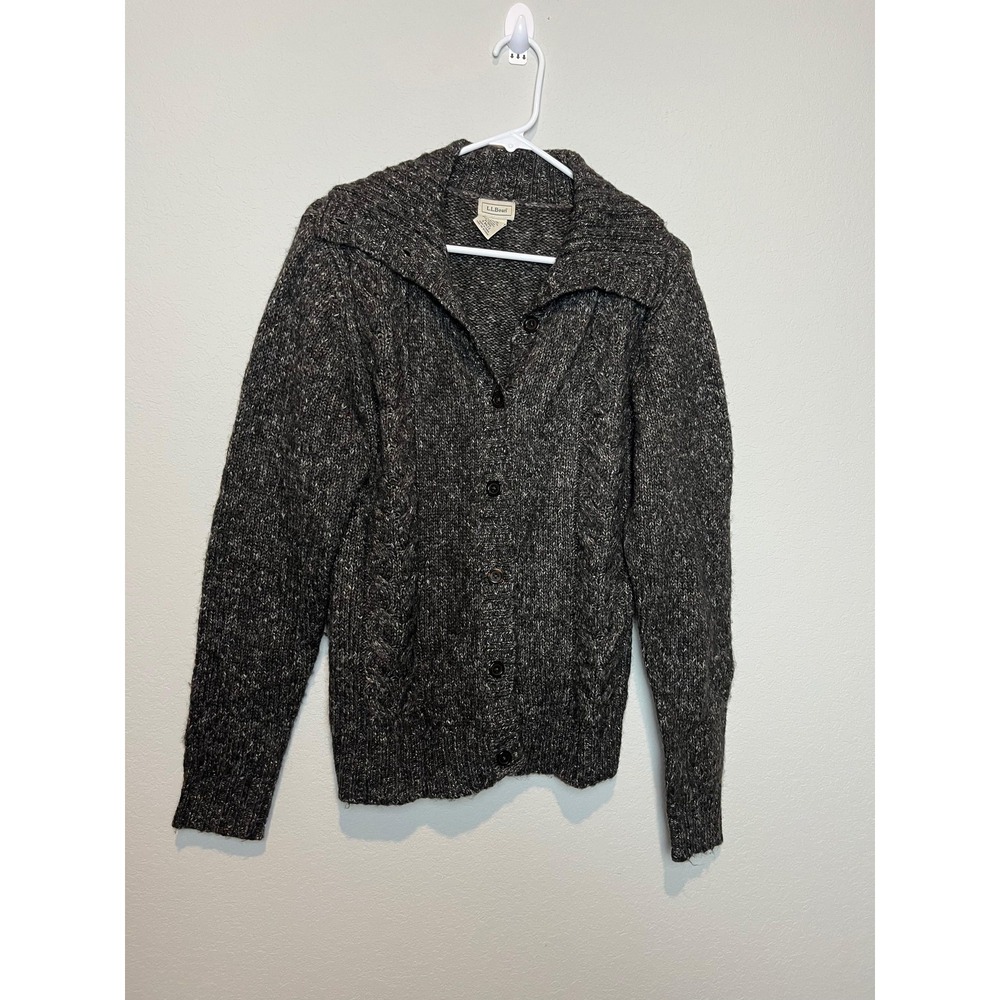 L.L.Bean Cardigan Sweater Womens Medium Gray Cable Knit Button Front Collared